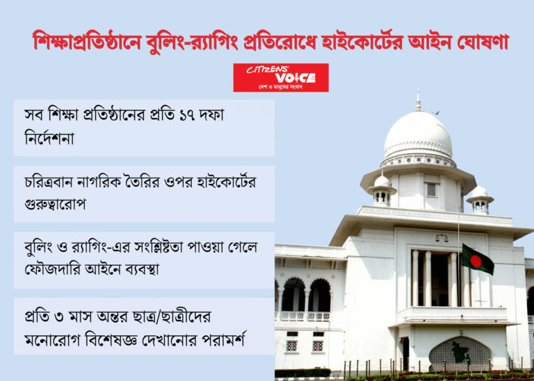 শিক্ষাপ্রতিষ্ঠানে বুলিং-র্যাগিং প্রতিরোধে হাইকোর্টের আইন ঘোষণা হাইকোর্টের আইন