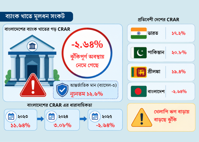 মূলধন সংকটে ব্যাংক খাত, ঝুঁকিতে ঋণ ও বিনিয়োগ